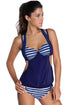 Sexy 2pcs Solid Navy Splice Striped Halter Tankini Swimsuit